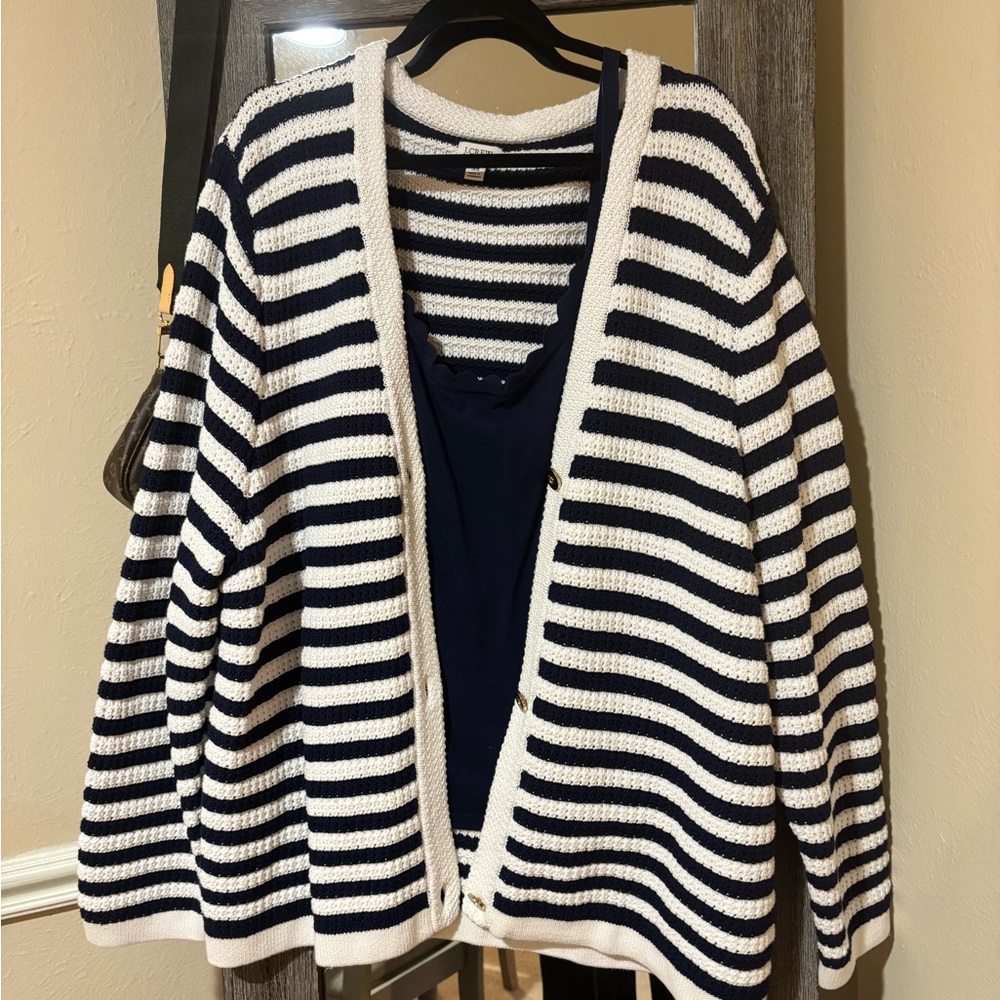 Striped Navy and White Women's J Crew Sweater and J Crew Navy Scalloped Tank Top